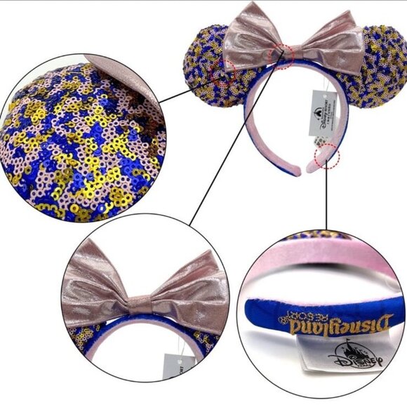 Disney Parks Blue & Pink Minnie Mouse Ears Headband Disneyland Embroidery